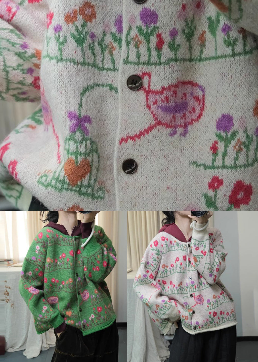 Green O Neck Print Loose Knit Cardigans Spring Ti003