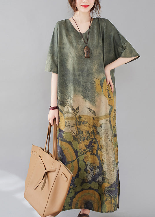 Green O-neck Print Side Open Long Dress Ac2038