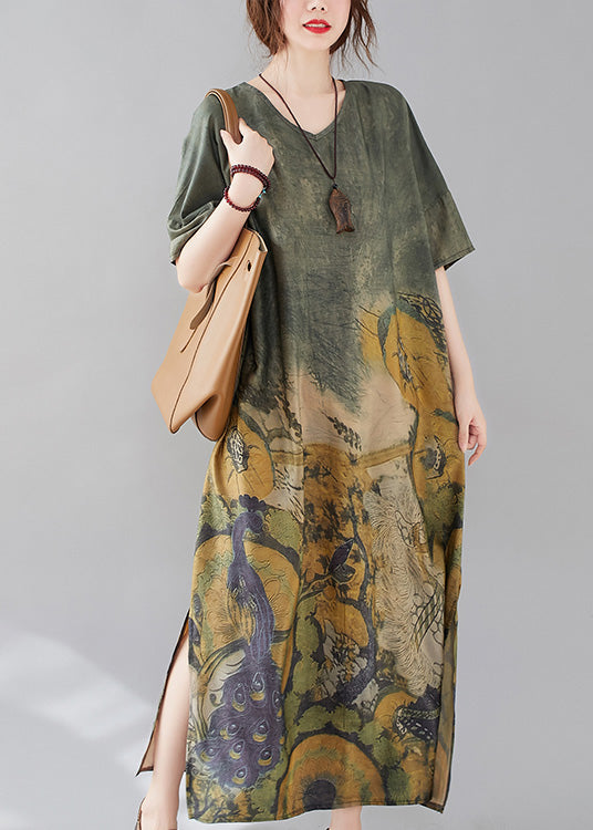 Green O-neck Print Side Open Long Dress Ac2038