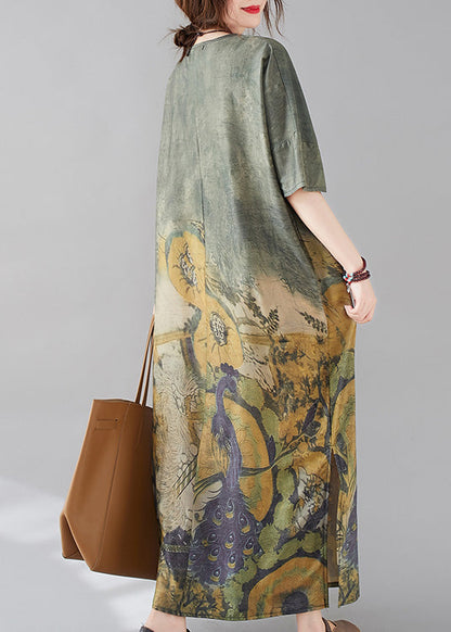 Green O-neck Print Side Open Long Dress Ac2038