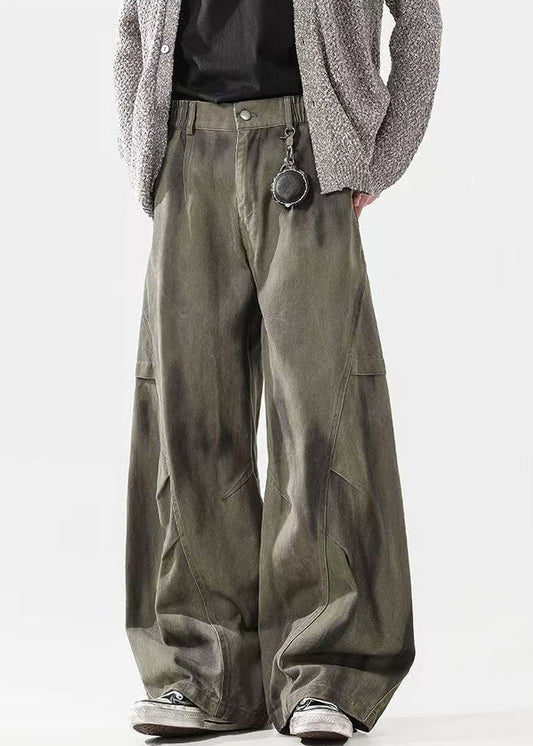 Pants Waist Elastic Cotton Dye Wrinkled Tie Green