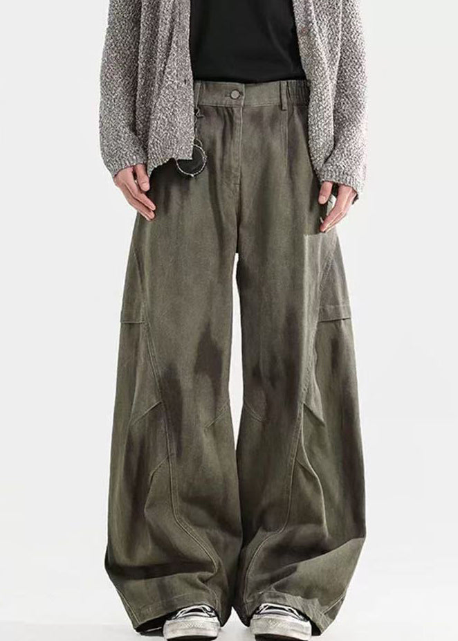 Pants Waist Elastic Cotton Dye Wrinkled Tie Green