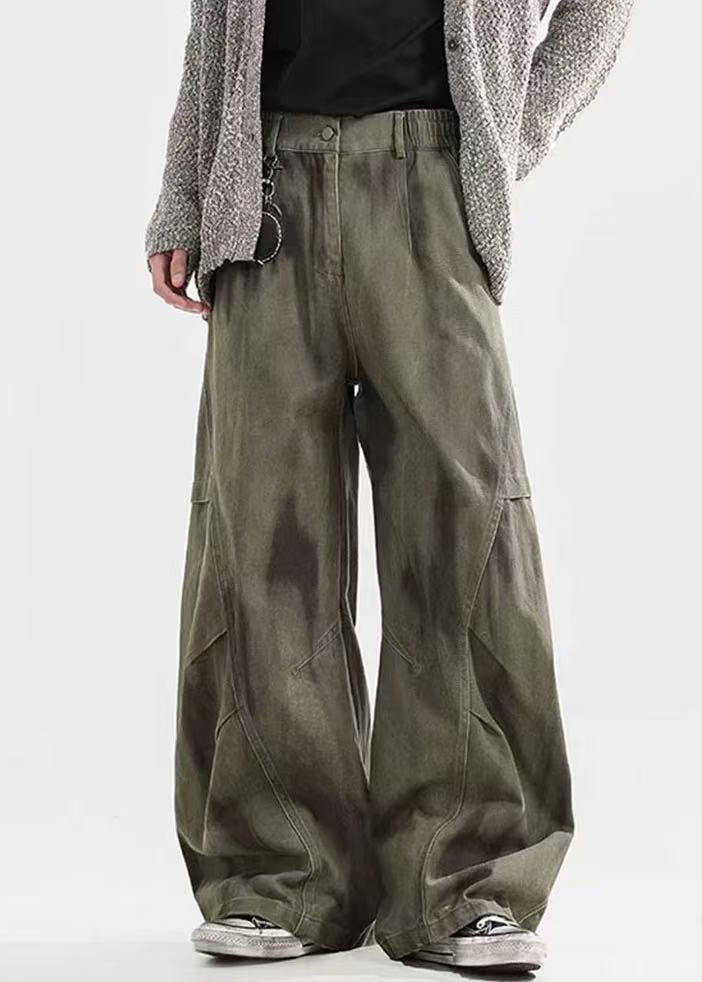 Pants Waist Elastic Cotton Dye Wrinkled Tie Green
