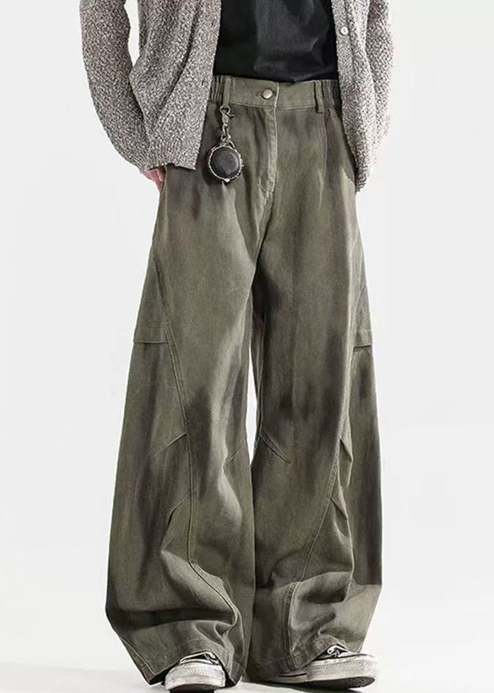 Pants Waist Elastic Cotton Dye Wrinkled Tie Green
