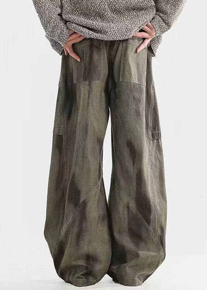 Pants Waist Elastic Cotton Dye Wrinkled Tie Green