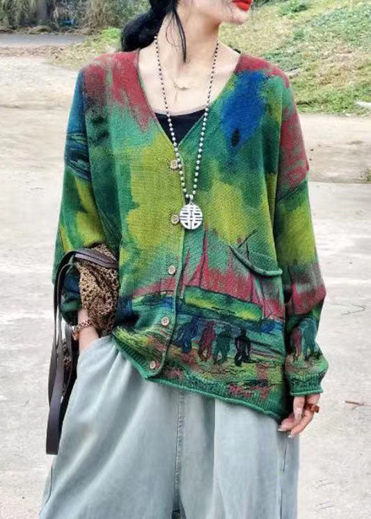 Green V Neck Print Pockets Knit Cardigans Long Sleeve Ff046