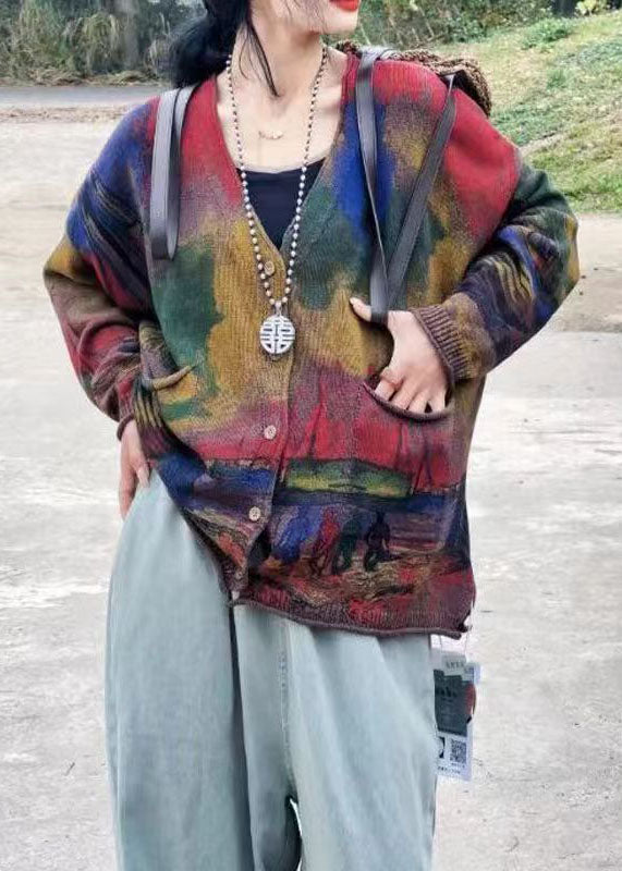 Green V Neck Print Pockets Knit Cardigans Long Sleeve Ff046