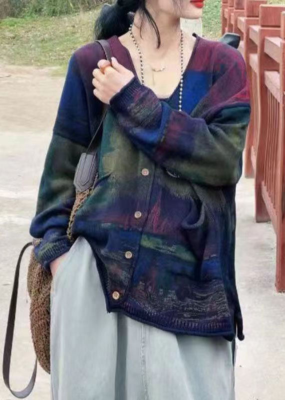 Green V Neck Print Pockets Knit Cardigans Long Sleeve Ff046
