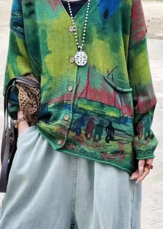 Green V Neck Print Pockets Knit Cardigans Long Sleeve Ff046
