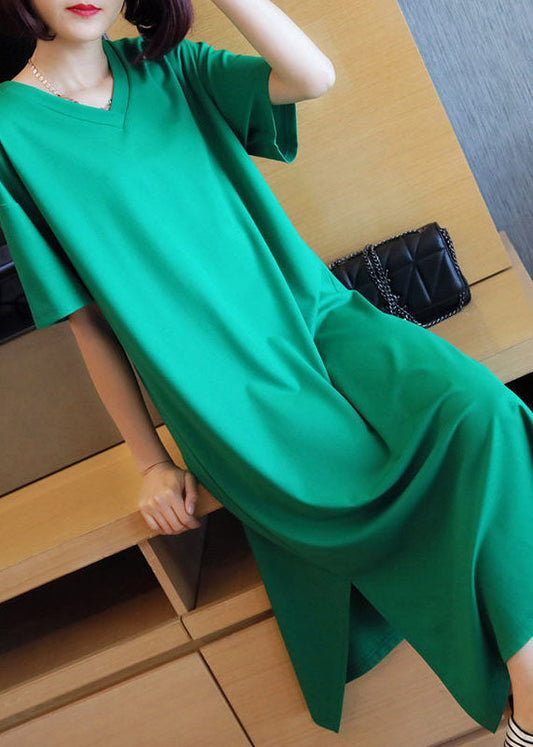 Green V Neck Side Open Cotton Long Dress Summer Ly1447