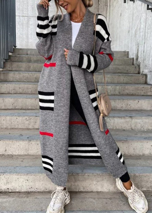 Grey V Neck Striped Knit Cardigan Fall Qy010