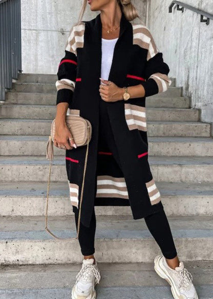 Grey V Neck Striped Knit Cardigan Fall Qy010