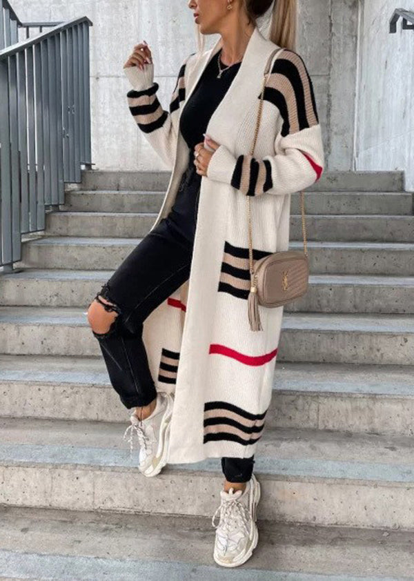 Grey V Neck Striped Knit Cardigan Fall Qy010