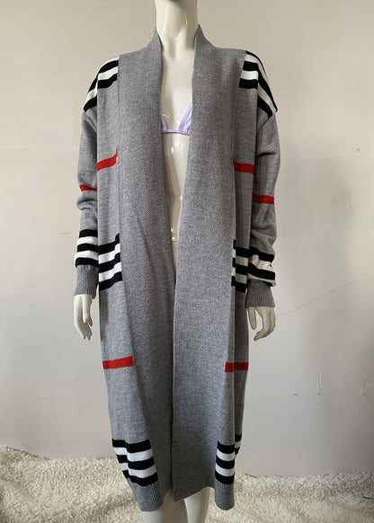Grey V Neck Striped Knit Cardigan Fall Qy010
