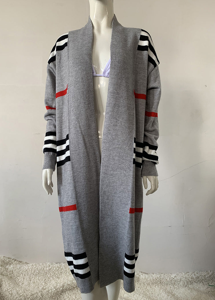 Grey V Neck Striped Knit Cardigan Fall Qy010