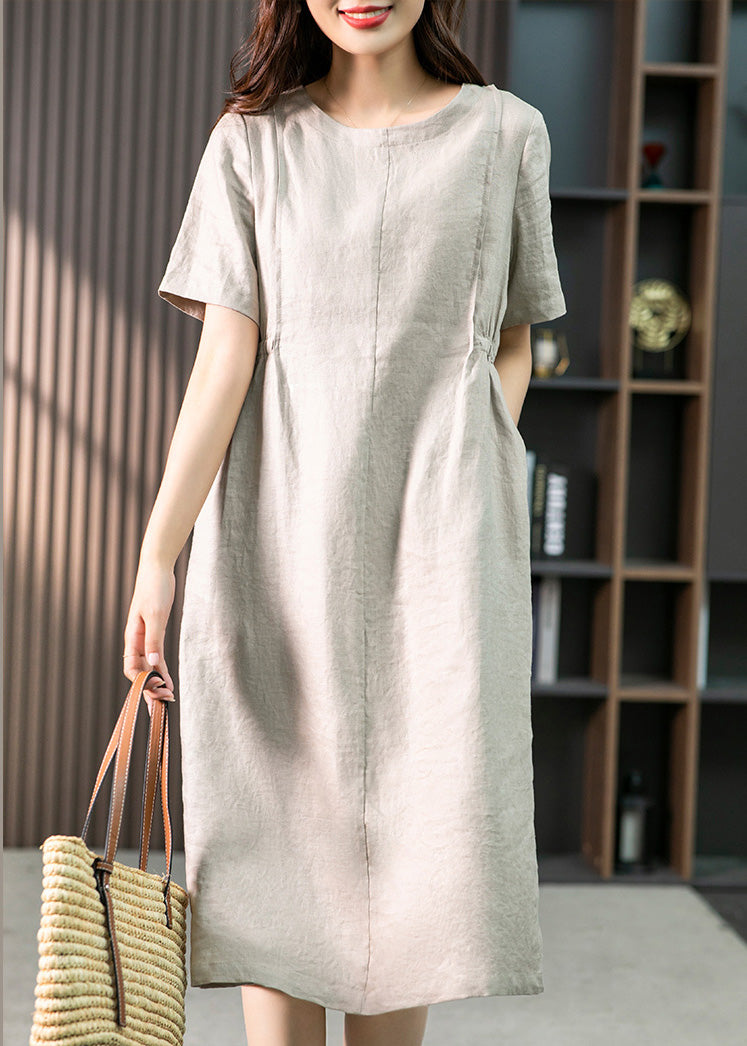 Khaki O-neck Patchwork Wrinkled Linen Long Dresses Summer Ly1755