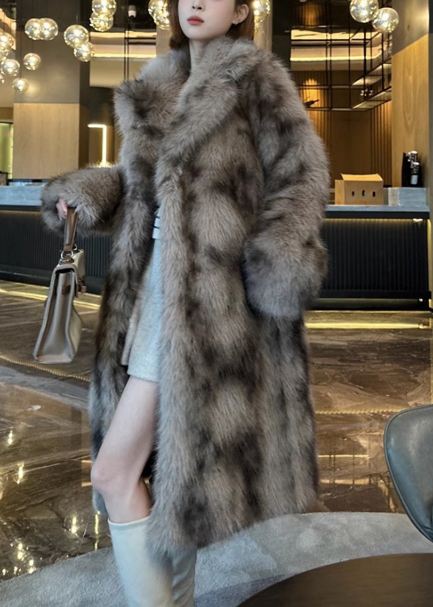 Khaki Pockets Print Leather and Fur Long Coats Winter Rd016