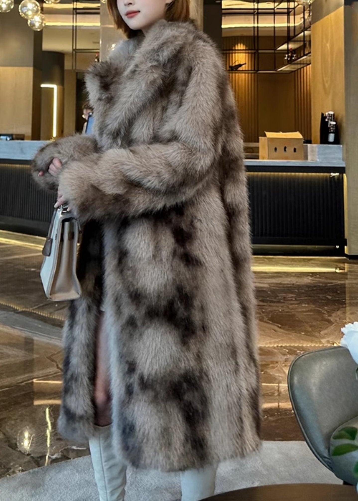 Khaki Pockets Print Leather and Fur Long Coats Winter Rd016