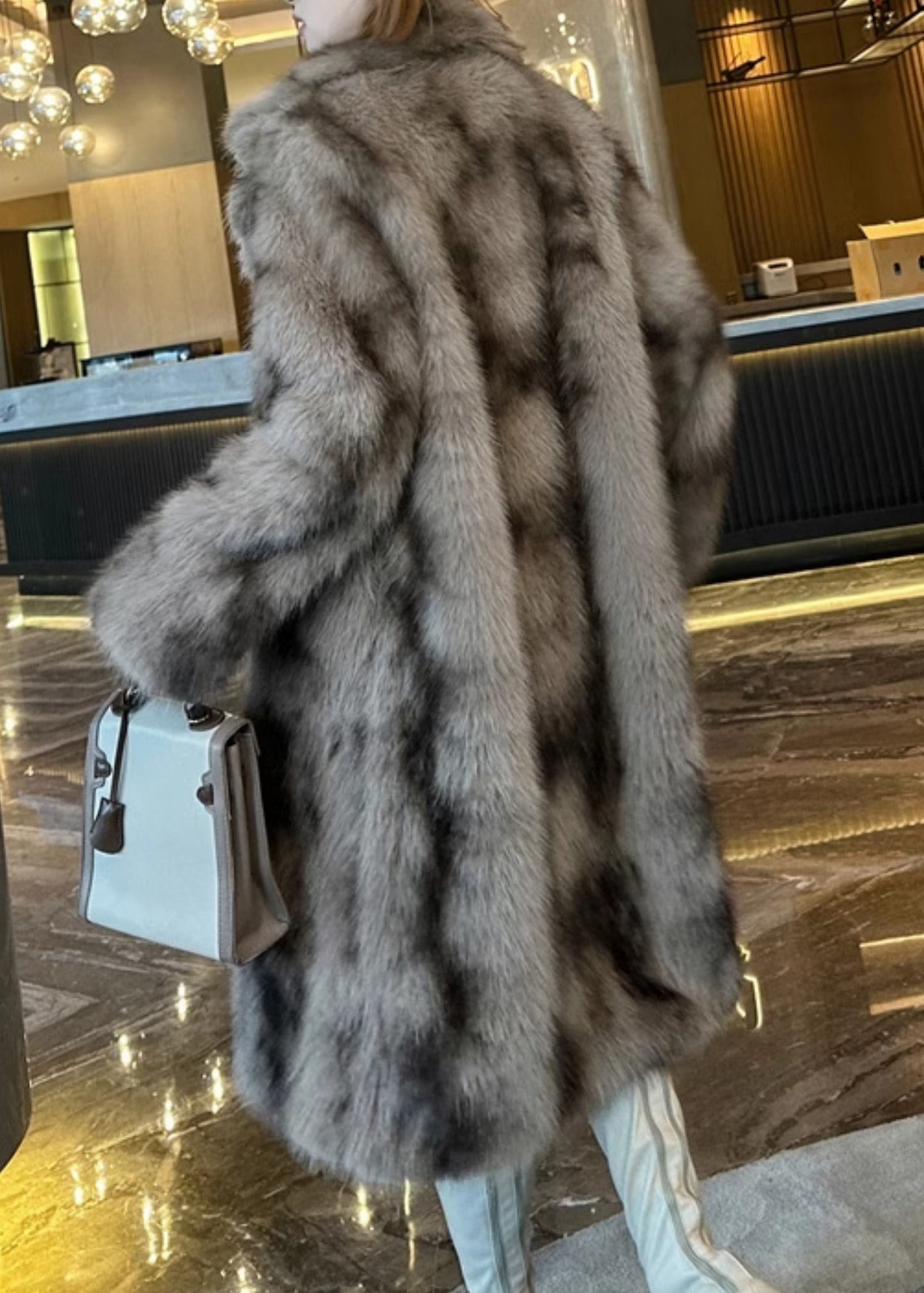 Khaki Pockets Print Leather and Fur Long Coats Winter Rd016