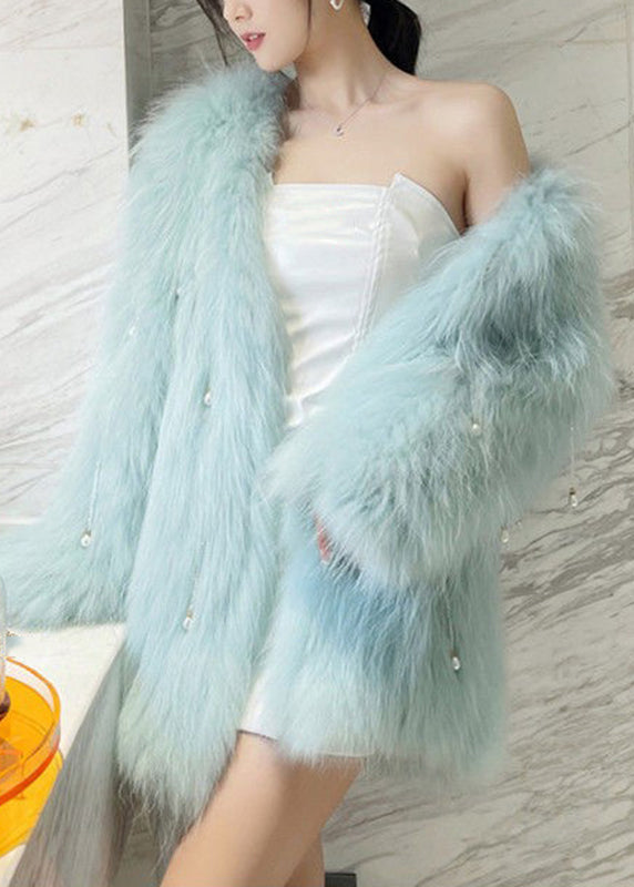 Light Green Raccoon Hair Leather and Fur Coat Winter Rd017