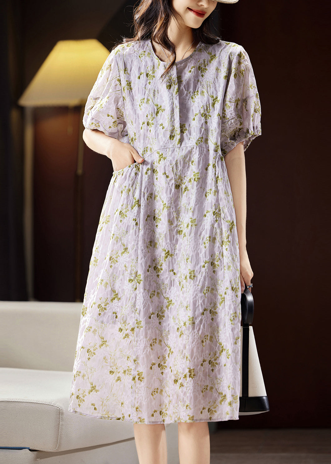 Light Purple Print Patchwork Cotton Holiday Long Dress Puff Sleeve Ww029