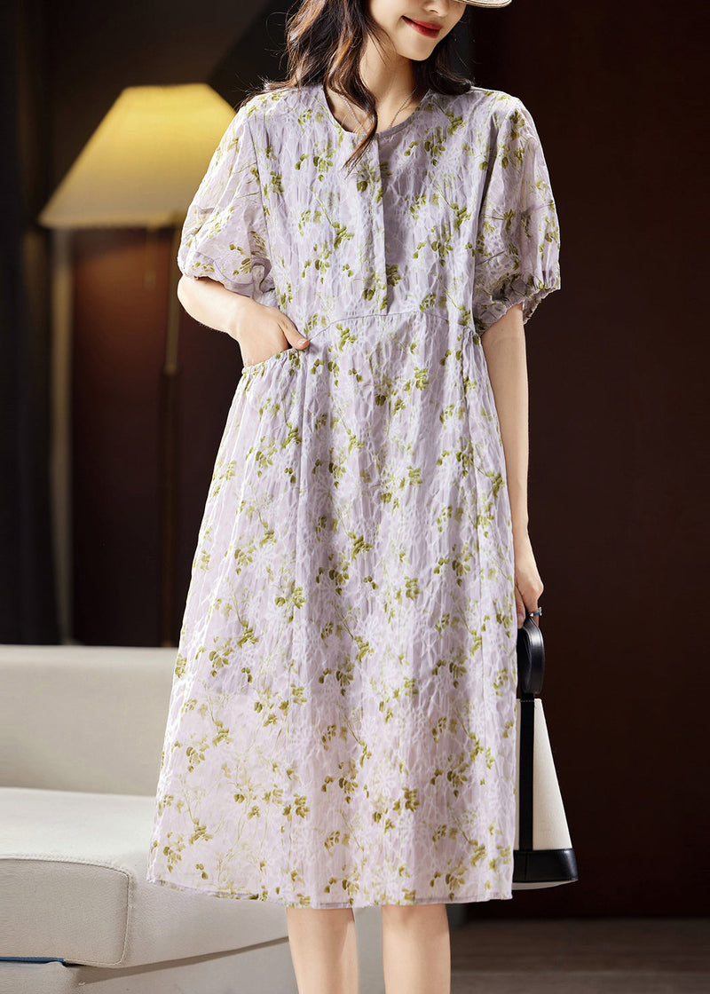 Light Purple Print Patchwork Cotton Holiday Long Dress Puff Sleeve Ww029