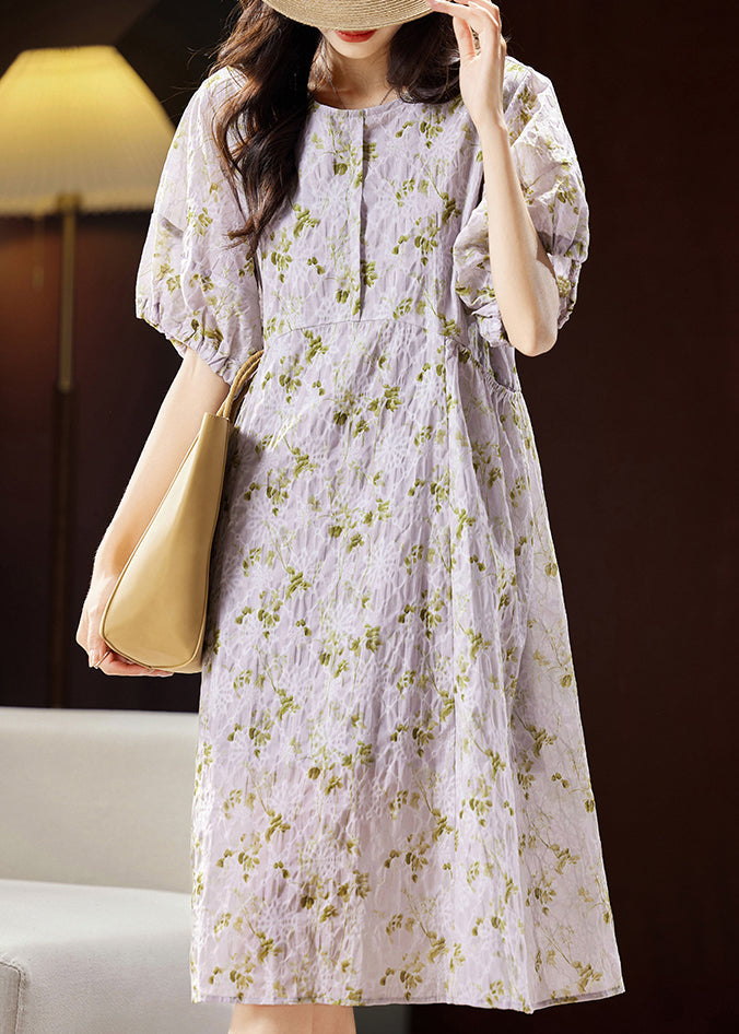 Light Purple Print Patchwork Cotton Holiday Long Dress Puff Sleeve Ww029