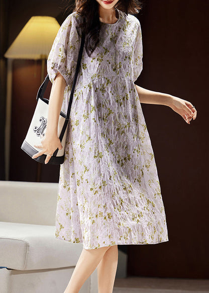 Light Purple Print Patchwork Cotton Holiday Long Dress Puff Sleeve Ww029