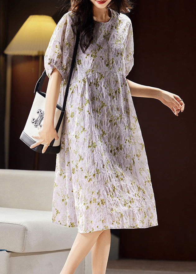 Light Purple Print Patchwork Cotton Holiday Long Dress Puff Sleeve Ww029