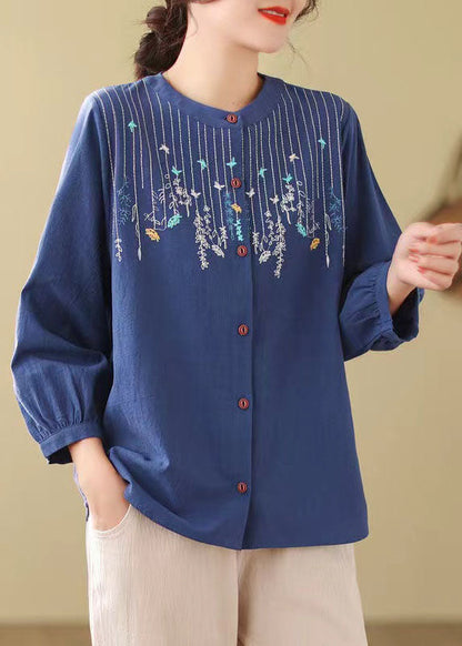 Loose Blue Embroidered Linen Blouses Long Sleeve Ff019