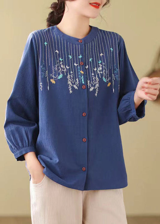 Loose Blue Embroidered Linen Blouses Long Sleeve Ff019