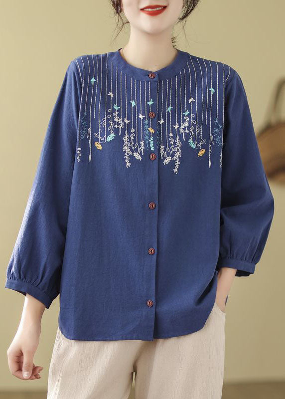 Loose Blue Embroidered Linen Blouses Long Sleeve Ff019