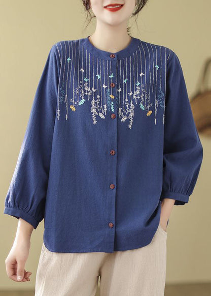 Loose Blue Embroidered Linen Blouses Long Sleeve Ff019