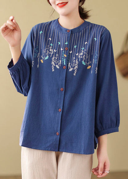 Loose Blue Embroidered Linen Blouses Long Sleeve Ff019