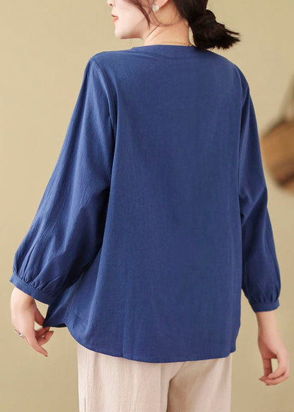Loose Blue Embroidered Linen Blouses Long Sleeve Ff019