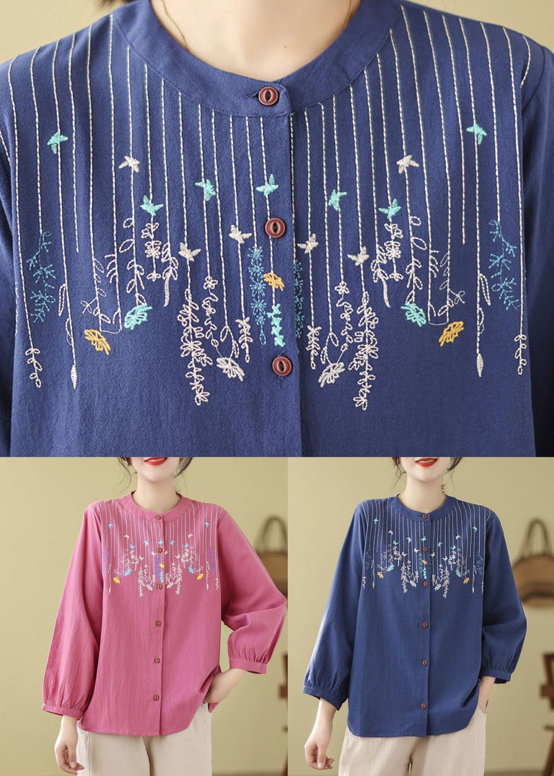 Loose Blue Embroidered Linen Blouses Long Sleeve Ff019