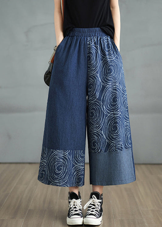 Navy Pants Denim Print Summer Asymmetrical