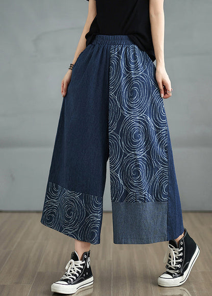 Navy Pants Denim Print Summer Asymmetrical