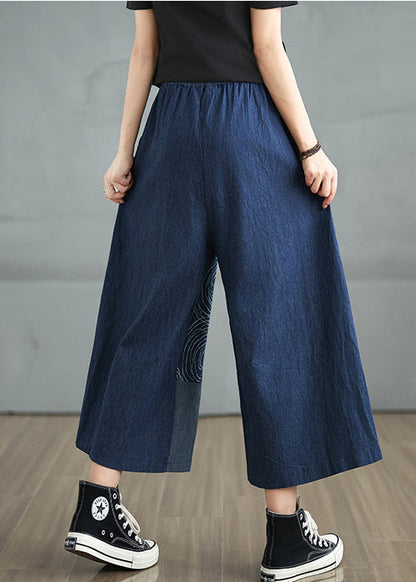Navy Pants Denim Print Summer Asymmetrical