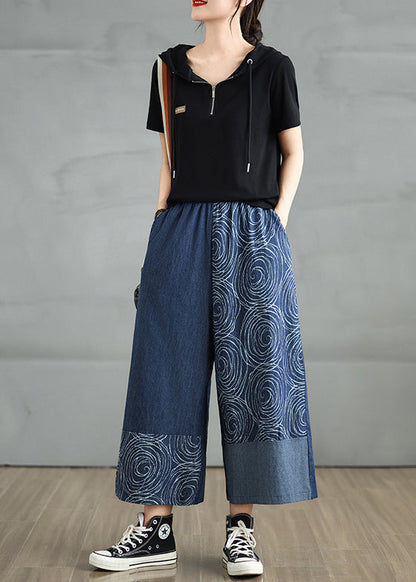 Navy Pants Denim Print Summer Asymmetrical