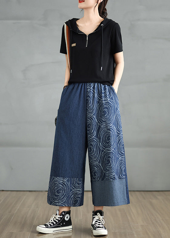 Navy Pants Denim Print Summer Asymmetrical