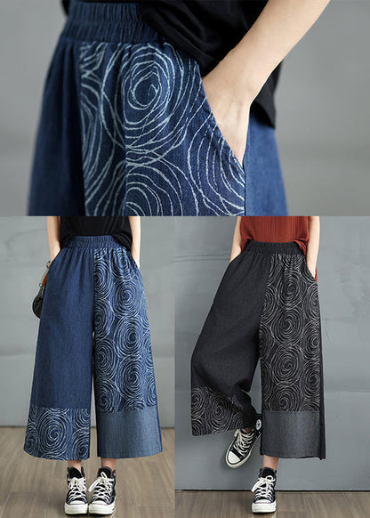 Navy Pants Denim Print Summer Asymmetrical