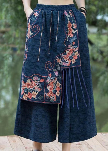 Navy Embroidered Patchwork Cotton Crop Pants Summer Qq1017