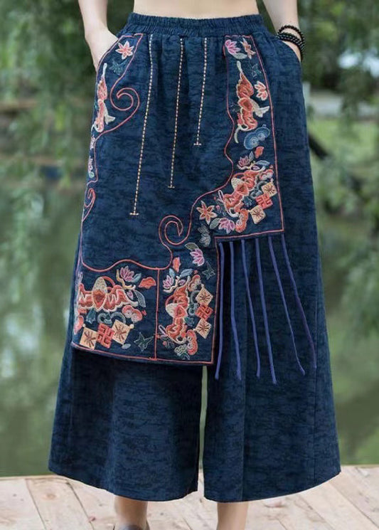 Navy Embroidered Patchwork Cotton Crop Pants Summer Qq1017