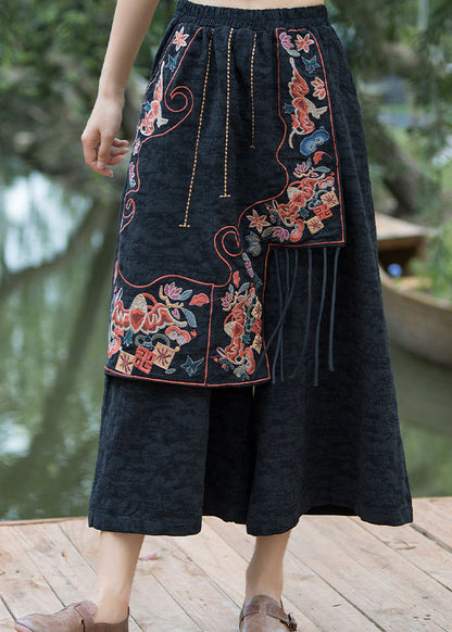 Navy Embroidered Patchwork Cotton Crop Pants Summer Qq1017