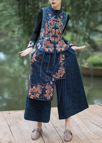 Navy Embroidered Patchwork Cotton Crop Pants Summer Qq1017
