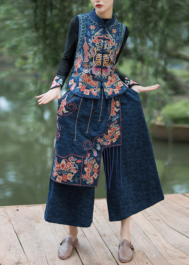 Navy Embroidered Patchwork Cotton Crop Pants Summer Qq1017