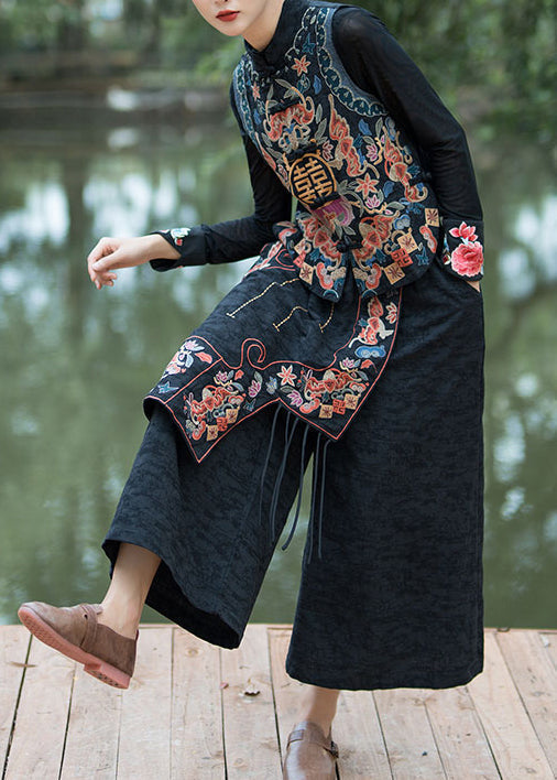 Navy Embroidered Patchwork Cotton Crop Pants Summer Qq1017