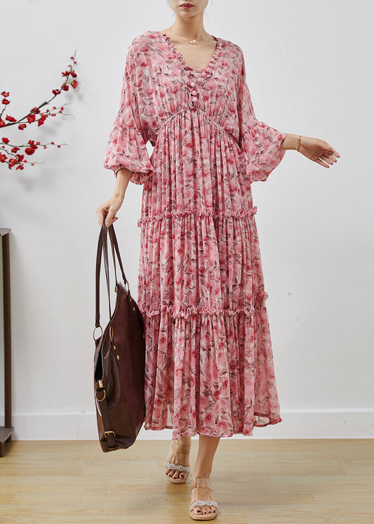 Pink Ruffled Print Chiffon Maxi Dresses Lantern Sleeve Ap1064