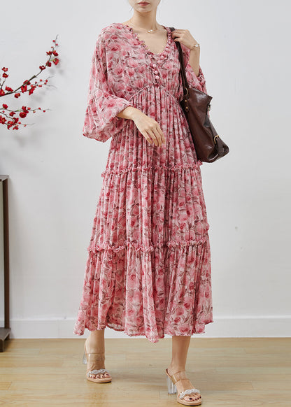 Pink Ruffled Print Chiffon Maxi Dresses Lantern Sleeve Ap1064